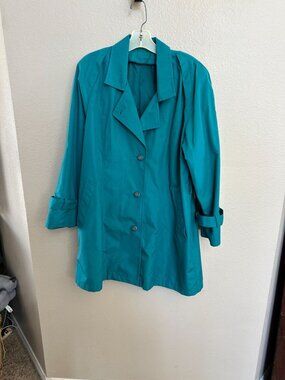 London Fog Womens Turquoise Trench Coat 10R Button Front Mid Length Sleeve Cuffs